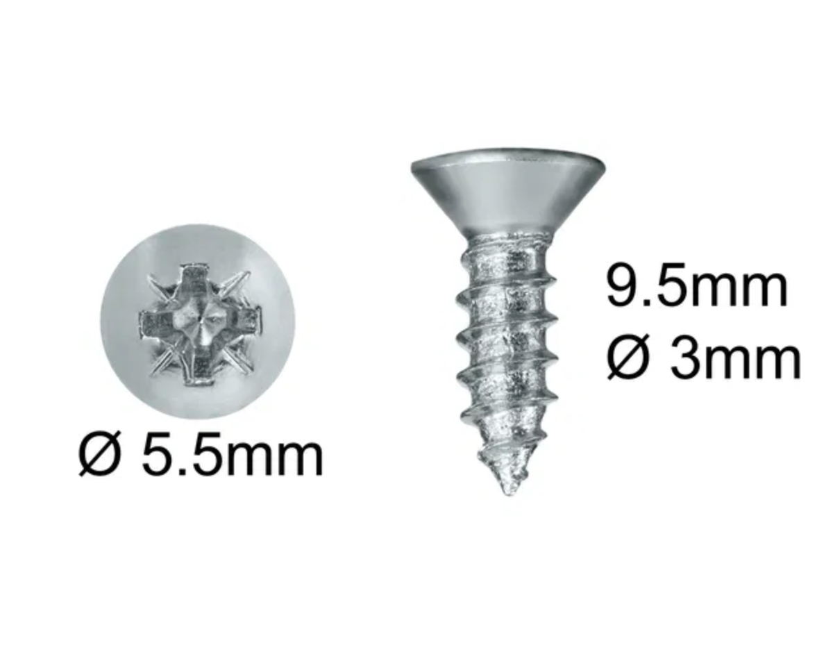 Puuruuvi 9,5 mm x 3 mm, uppokanta 4 mm, Pozi, teräs ZP, pussi 100 kpl